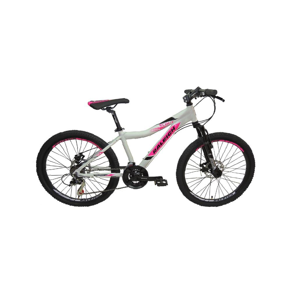 Bicicleta Raleigh SCOUT D - Blanco/Fucsia- Frenos a discos mecánicos - 21Vel. - Cuadro de aluminio - Rodado 24".